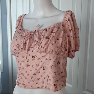 Billabong Floral Pink Puff Sleeve Smocked Crop Top Women’s M Sweetheart